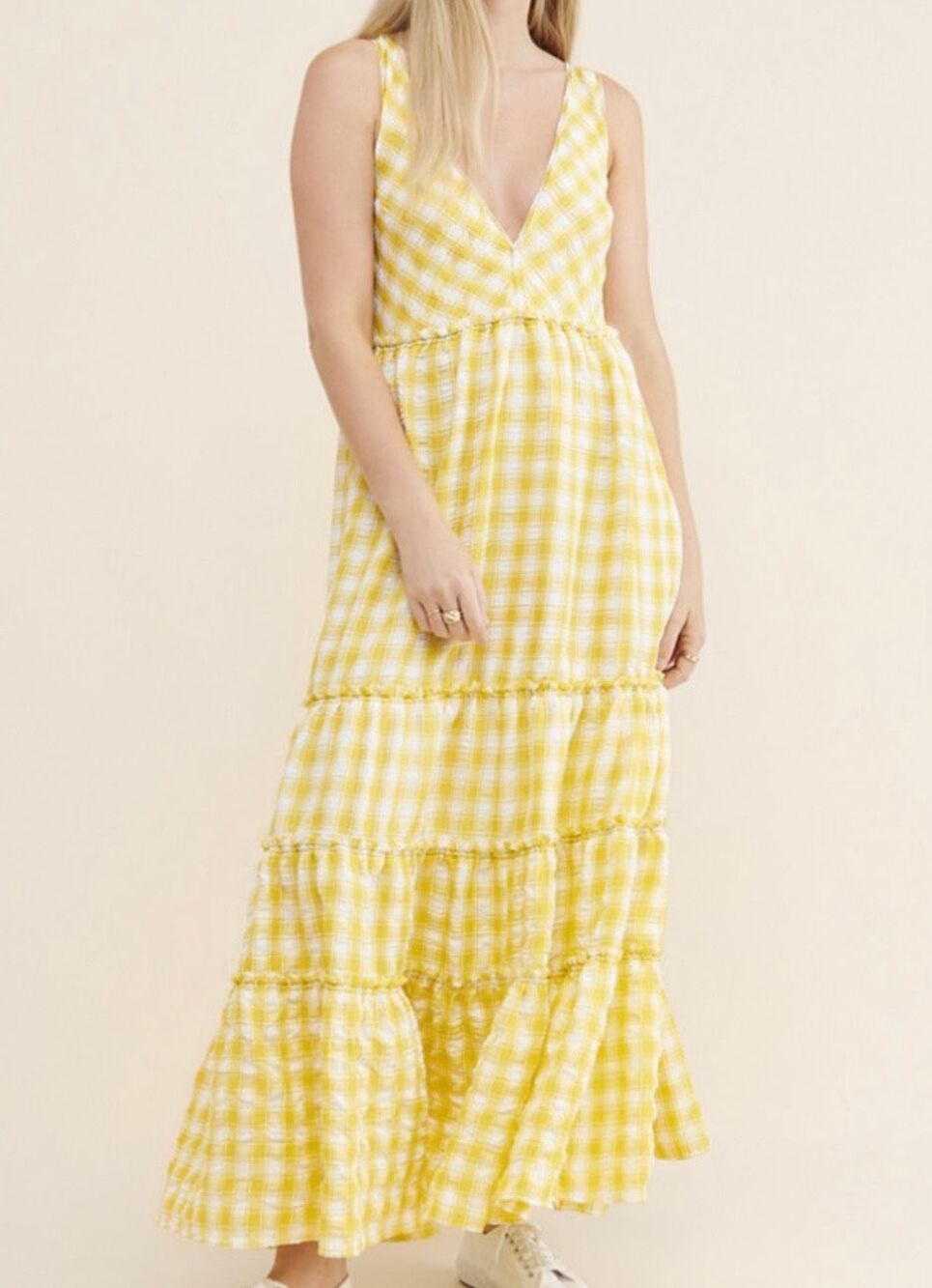 Free People Beach Club Maxi Dress yellow gingham tiered size M